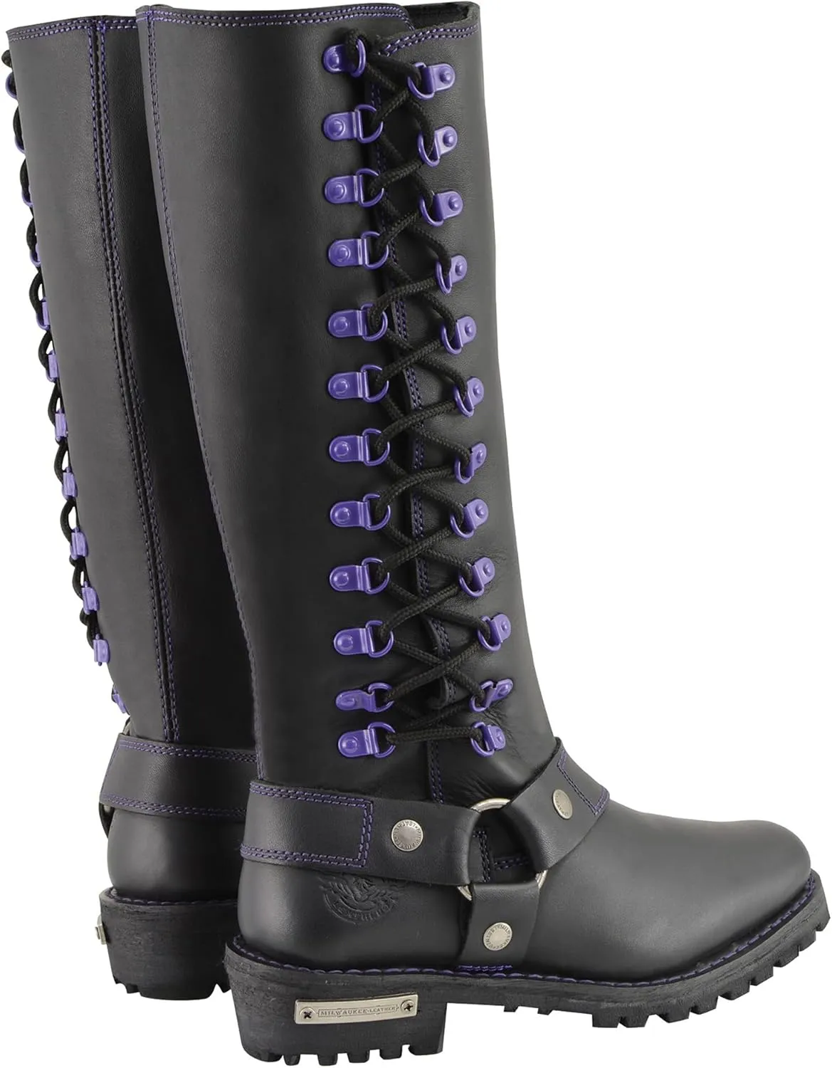 Milwaukee Leather Women's Black 14-inch Leather Harness Motorcycle Boots with Purple or Pink Accent Lacing MBL9366-MBL9367