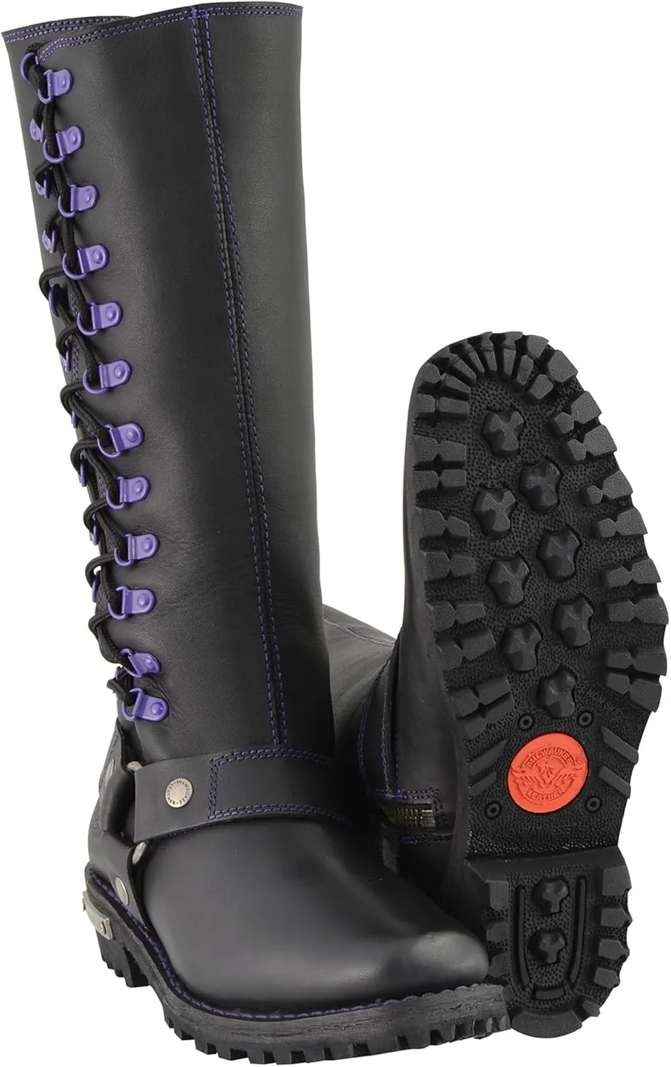 Milwaukee Leather Women's Black 14-inch Leather Harness Motorcycle Boots with Purple or Pink Accent Lacing MBL9366-MBL9367