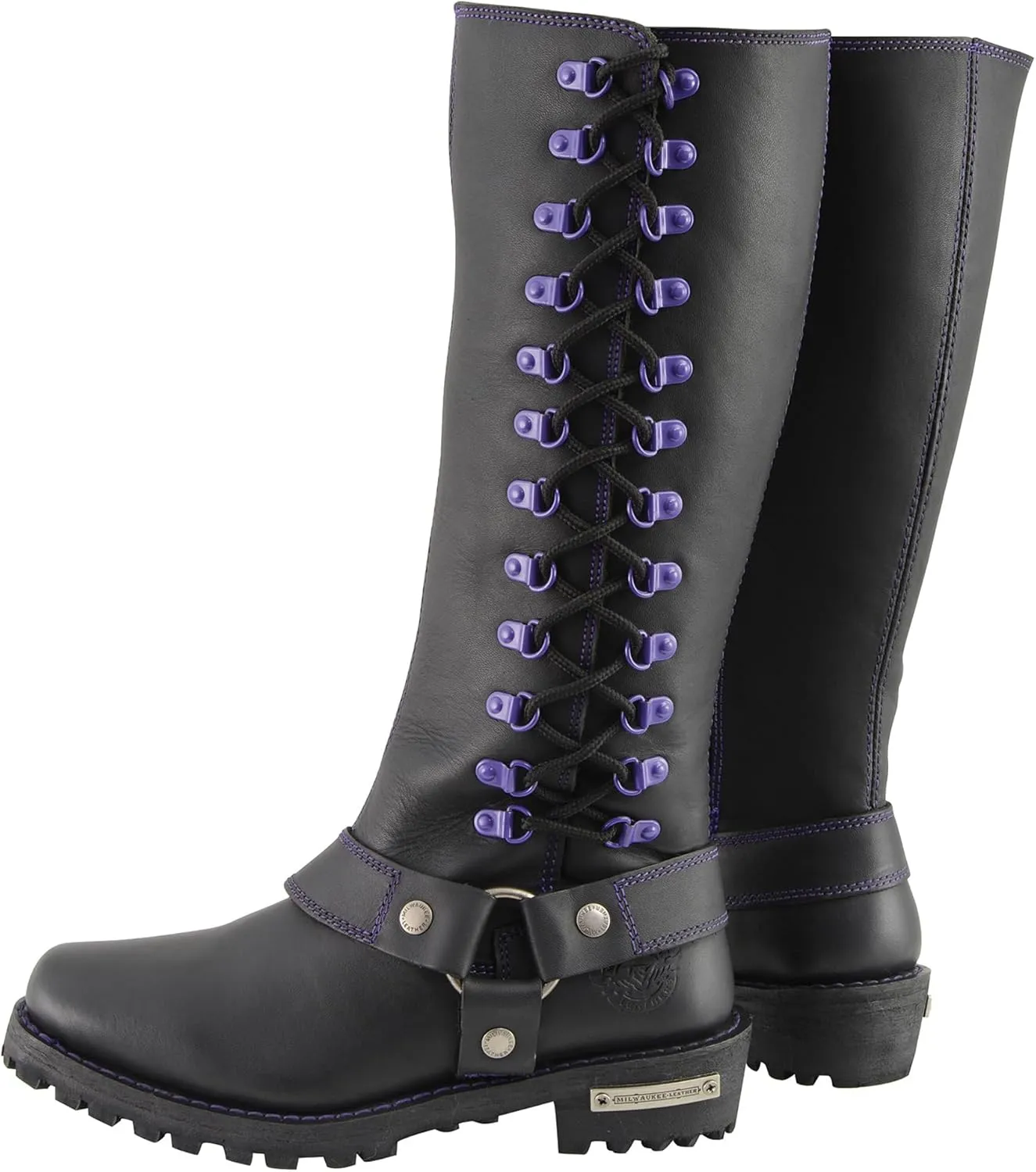 Milwaukee Leather Women's Black 14-inch Leather Harness Motorcycle Boots with Purple or Pink Accent Lacing MBL9366-MBL9367