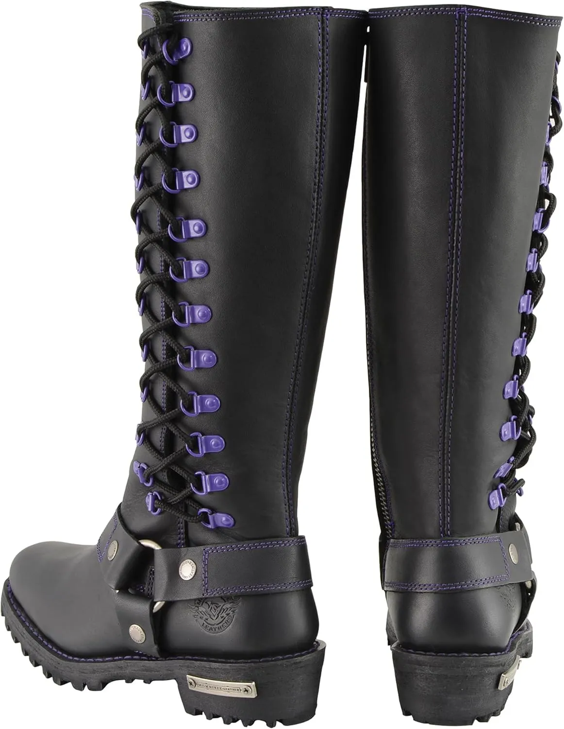 Milwaukee Leather Women's Black 14-inch Leather Harness Motorcycle Boots with Purple or Pink Accent Lacing MBL9366-MBL9367