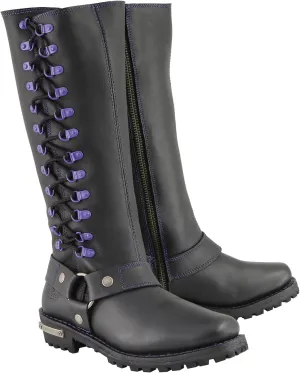 Milwaukee Leather Women's Black 14-inch Leather Harness Motorcycle Boots with Purple or Pink Accent Lacing MBL9366-MBL9367