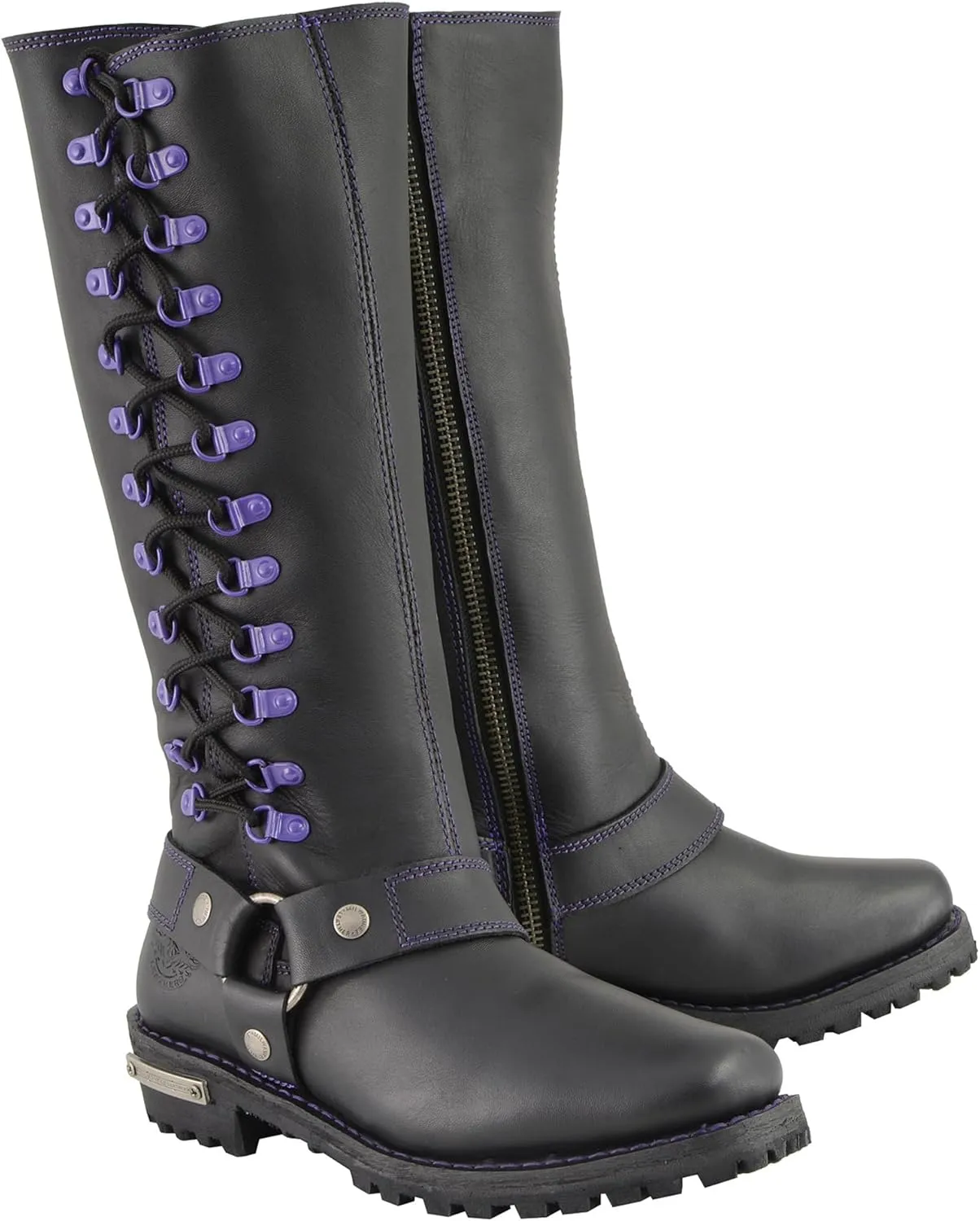 Milwaukee Leather Women's Black 14-inch Leather Harness Motorcycle Boots with Purple or Pink Accent Lacing MBL9366-MBL9367
