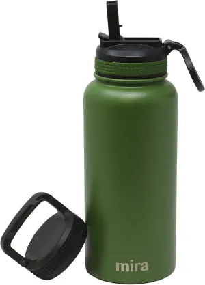 MIRA 32 oz Insulated Water Bottle - Stainless Steel Sports Flask with 2 Lids (Straw & Handle) - Cold Drink Thermos - Olive Green