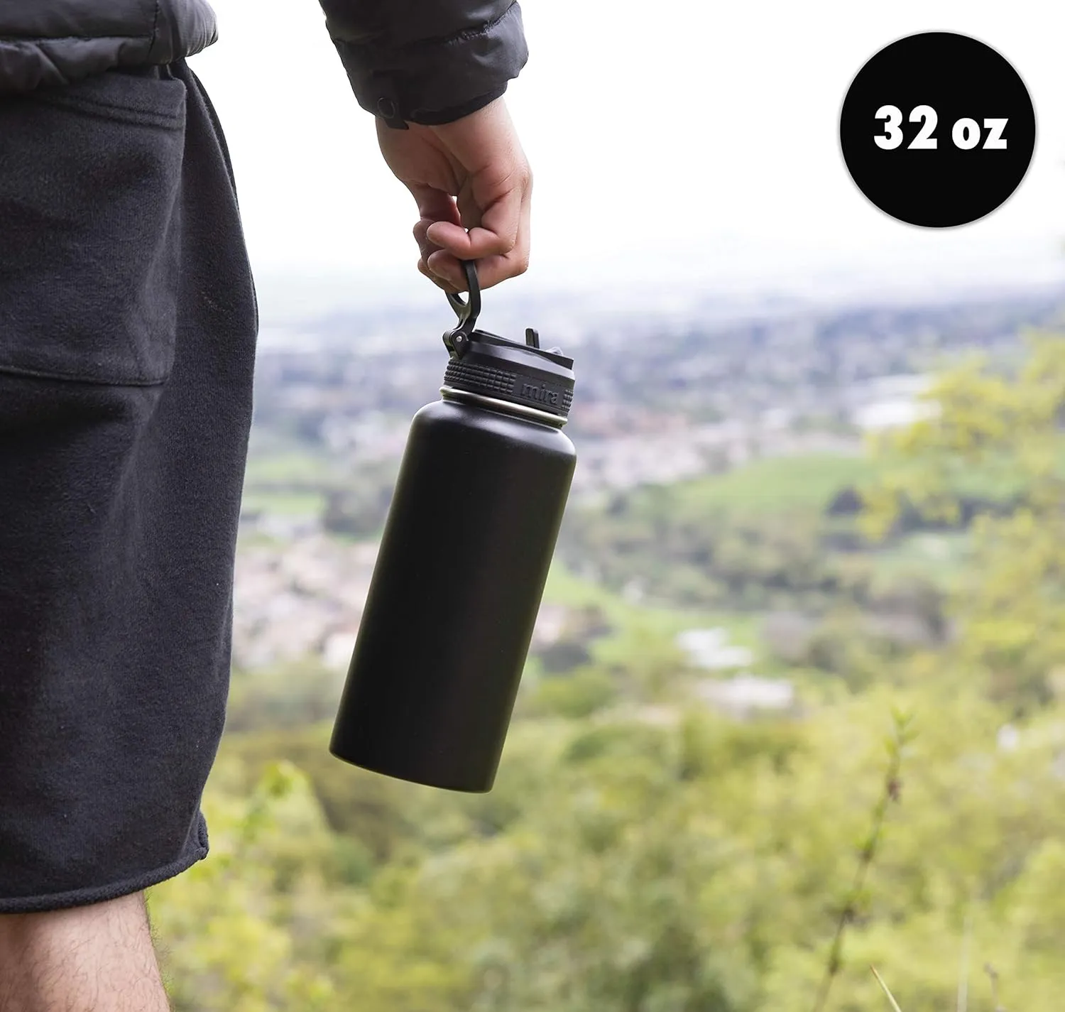 MIRA 32 oz Insulated Water Bottle - Stainless Steel Sports Flask with 2 Lids (Straw & Handle) - Cold Drink Thermos - Olive Green