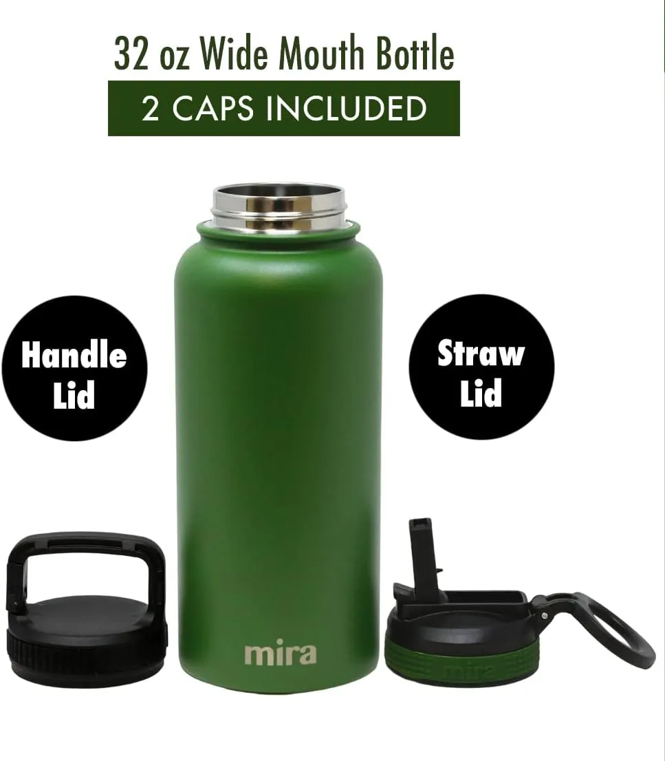 MIRA 32 oz Insulated Water Bottle - Stainless Steel Sports Flask with 2 Lids (Straw & Handle) - Cold Drink Thermos - Olive Green