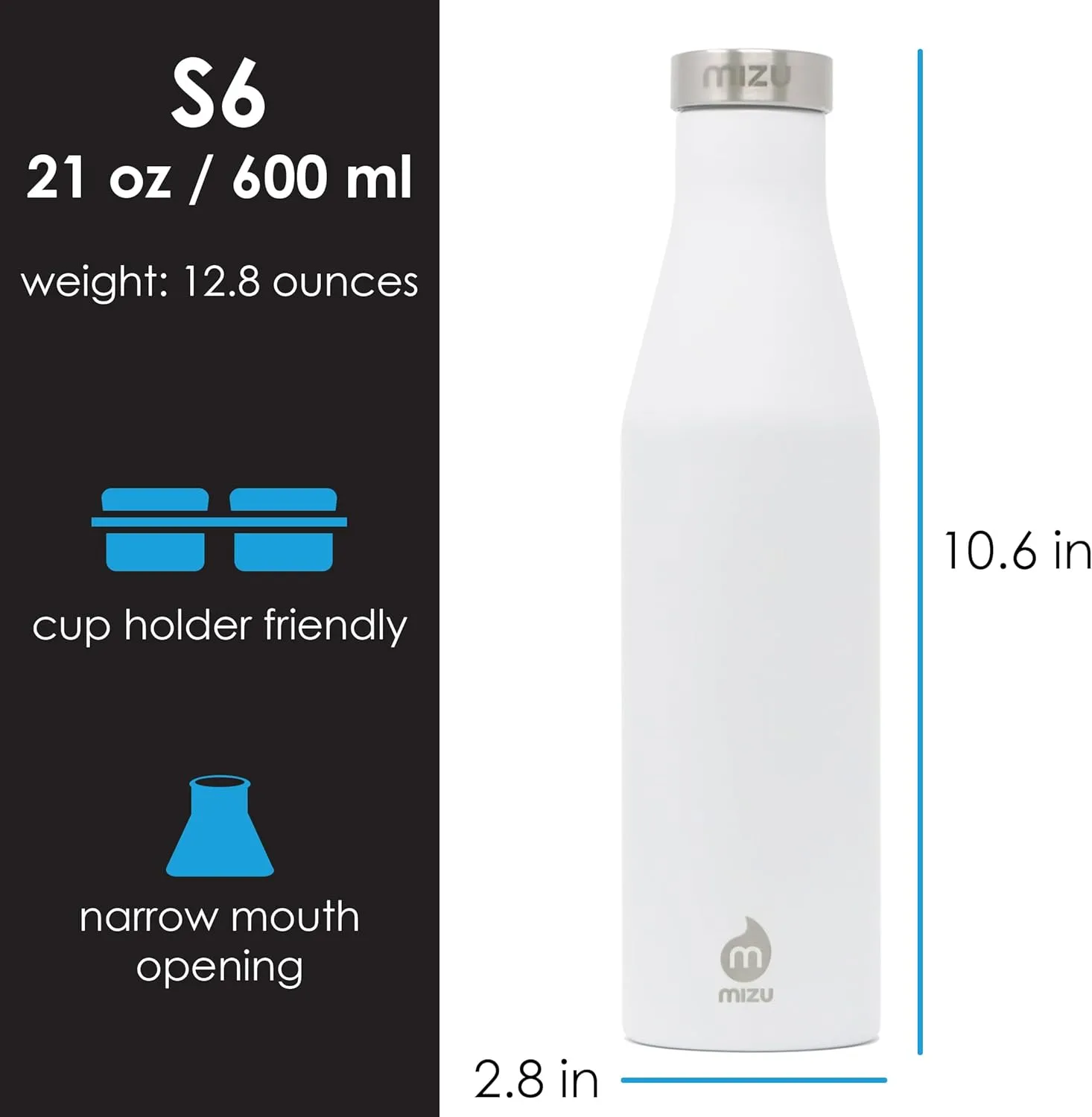 Mizu - S6 Slim Series Water Bottle | 19 oz. Double Wall Stainless Steel Vacuum Insulated | Narrow Mouth with Leak Proof Cap | Multiple Colors | BPA Free