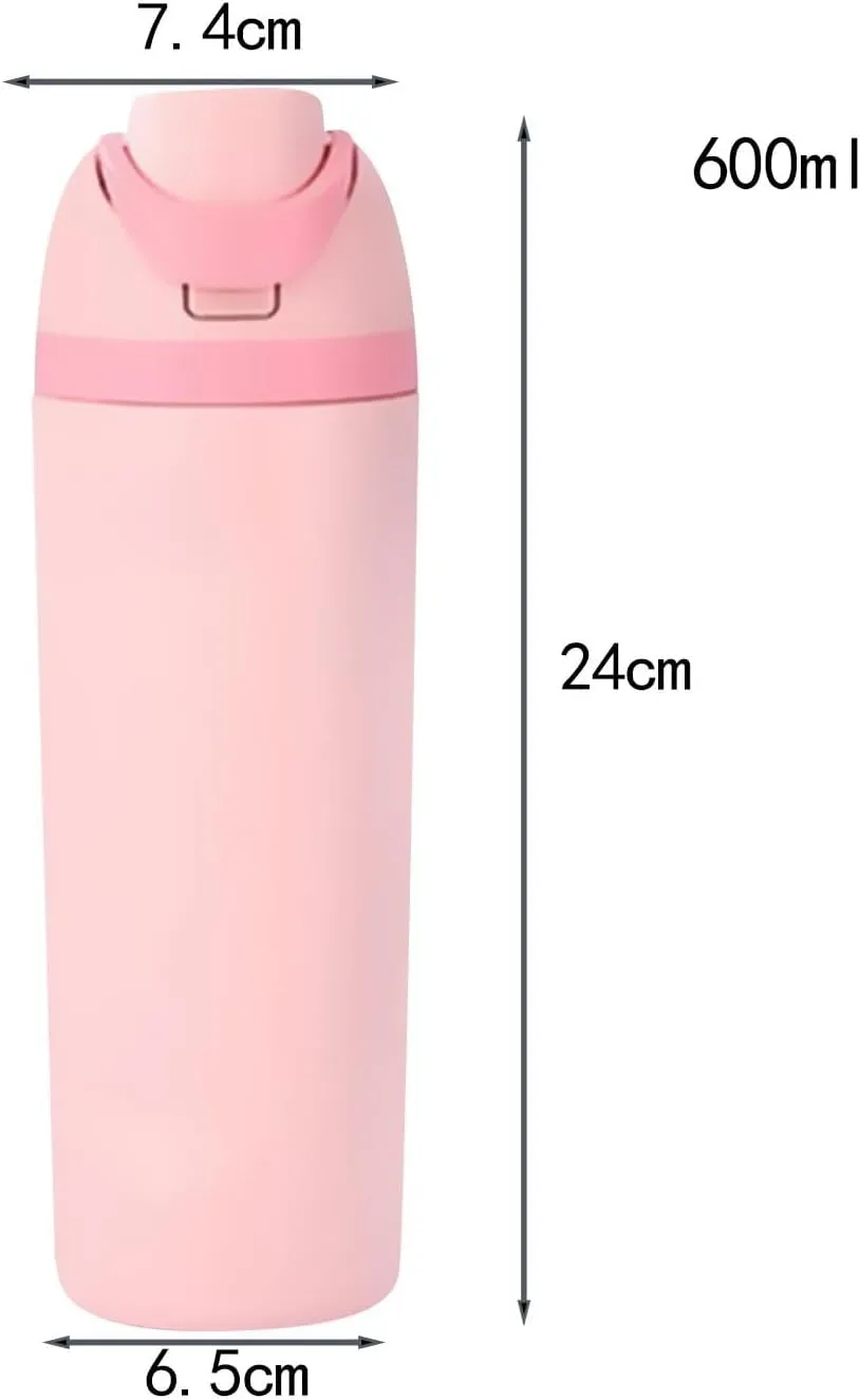 Modern Insulated Water Bottle with Reusable Straw & Carry Handle, Fits in Car Cup Holder, Leakproof Stainless Steel Water Bottles for Sports Travel Work School, 20oz Pink