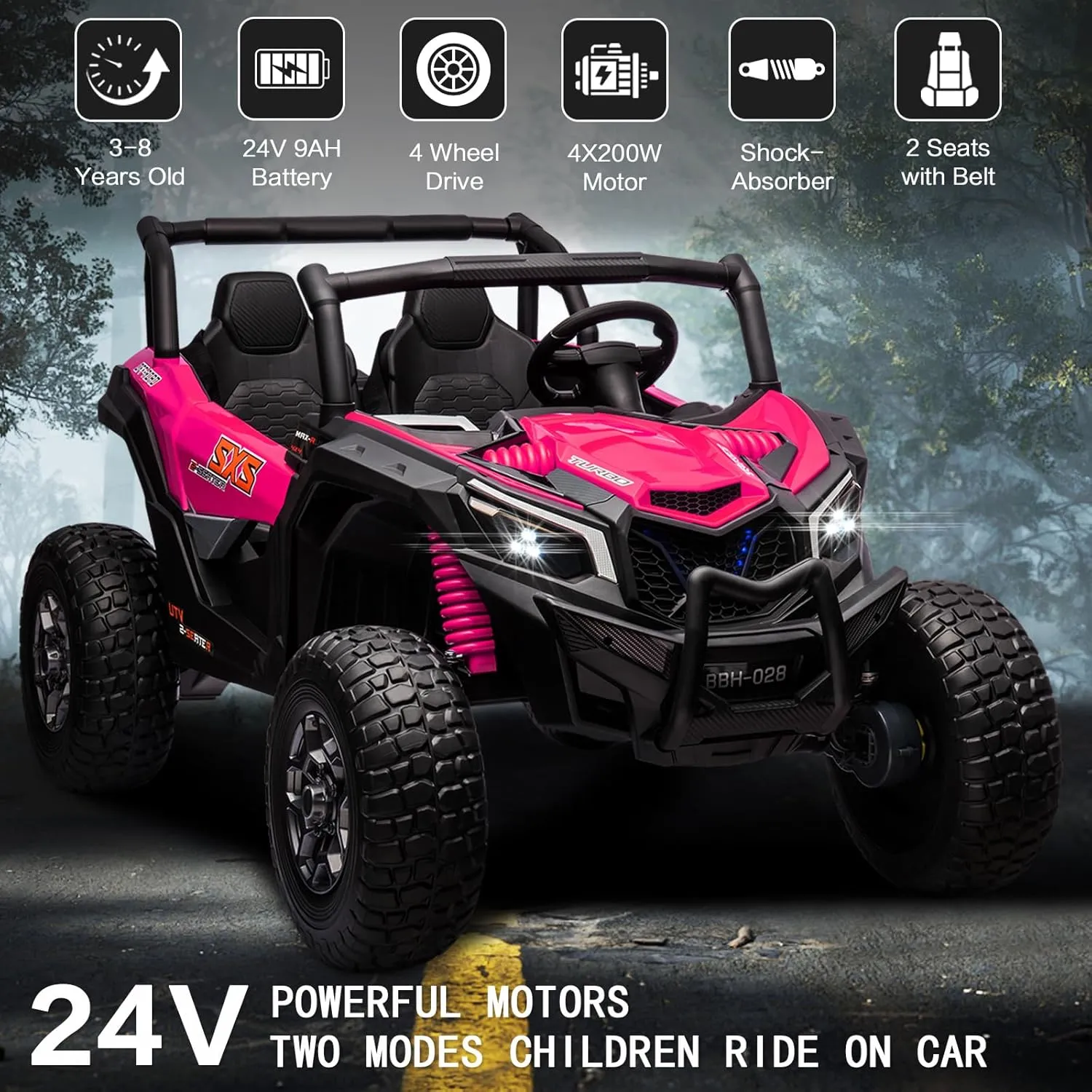 MOLACHI 24V Kids Ride on Car Truck, 4WD Kid Remote Control Vehicle, 2 Adjustable Seater Children Electric Cars, 3 Speeds, LED Lights, 4 Shock Absorbers, Bluetooth, Music & Horn -Pink