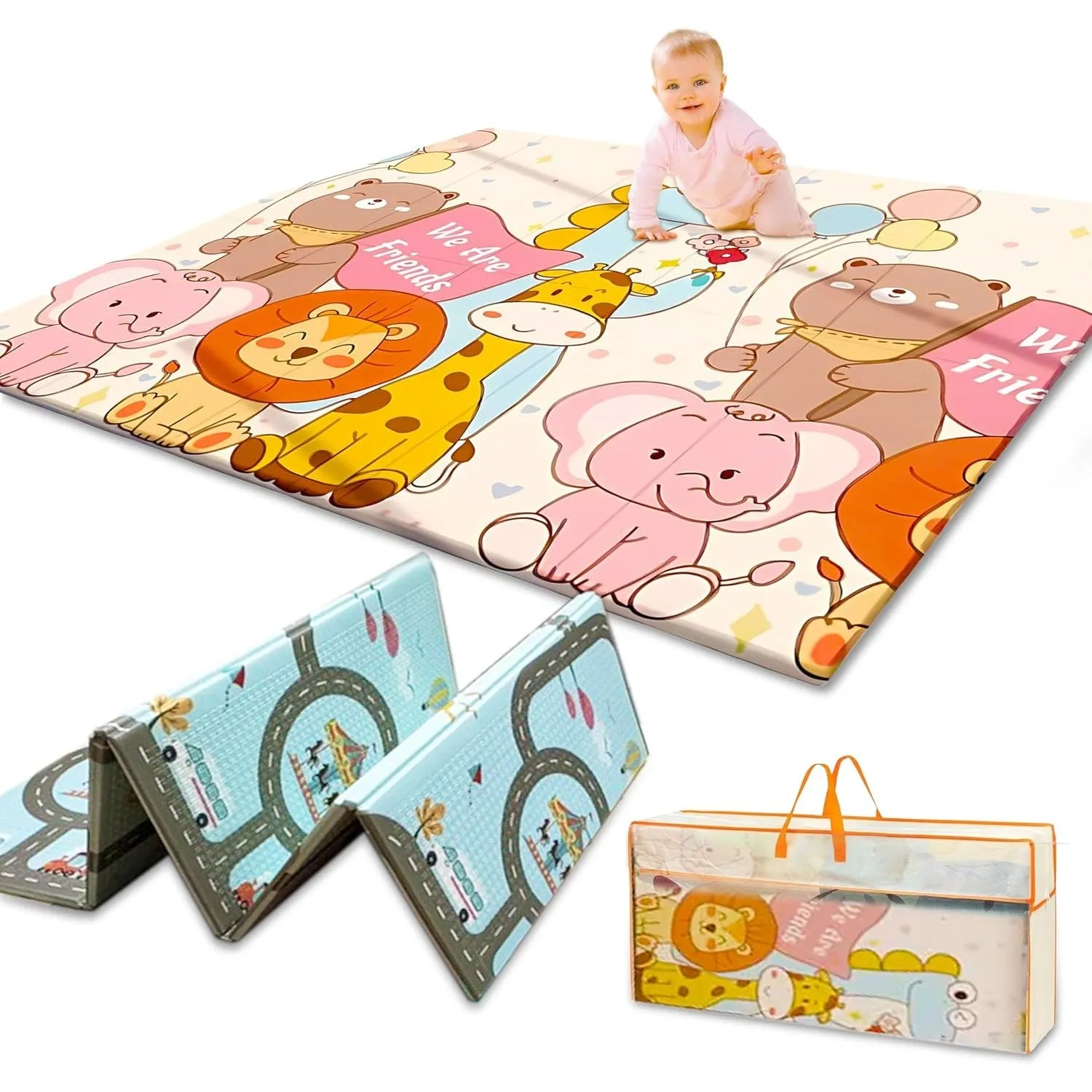 MONAMORE Play Mat (200cm X 180cm X 1cm) Playmat Play Babies Extra Thick Crawling Mat Water Proof and Reversible Large Soft for Toddler (Animals & Roads)
