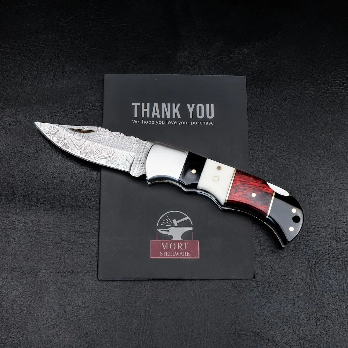 Morf Industries Damascus Pocket Knife - 6.5 Authentic Folding Damascus Blade Groomsmen Gift for Men Personalized Custom Made Camping Knife Gift Idea for Him