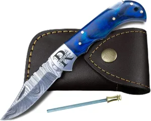 Morf Steelware Customized Damascus Steel Pocket Knife Handmade Folding Knives Small Pocket Knife for Outdoor, Camping, Hiking (Personalized Blue Pakka Wood)