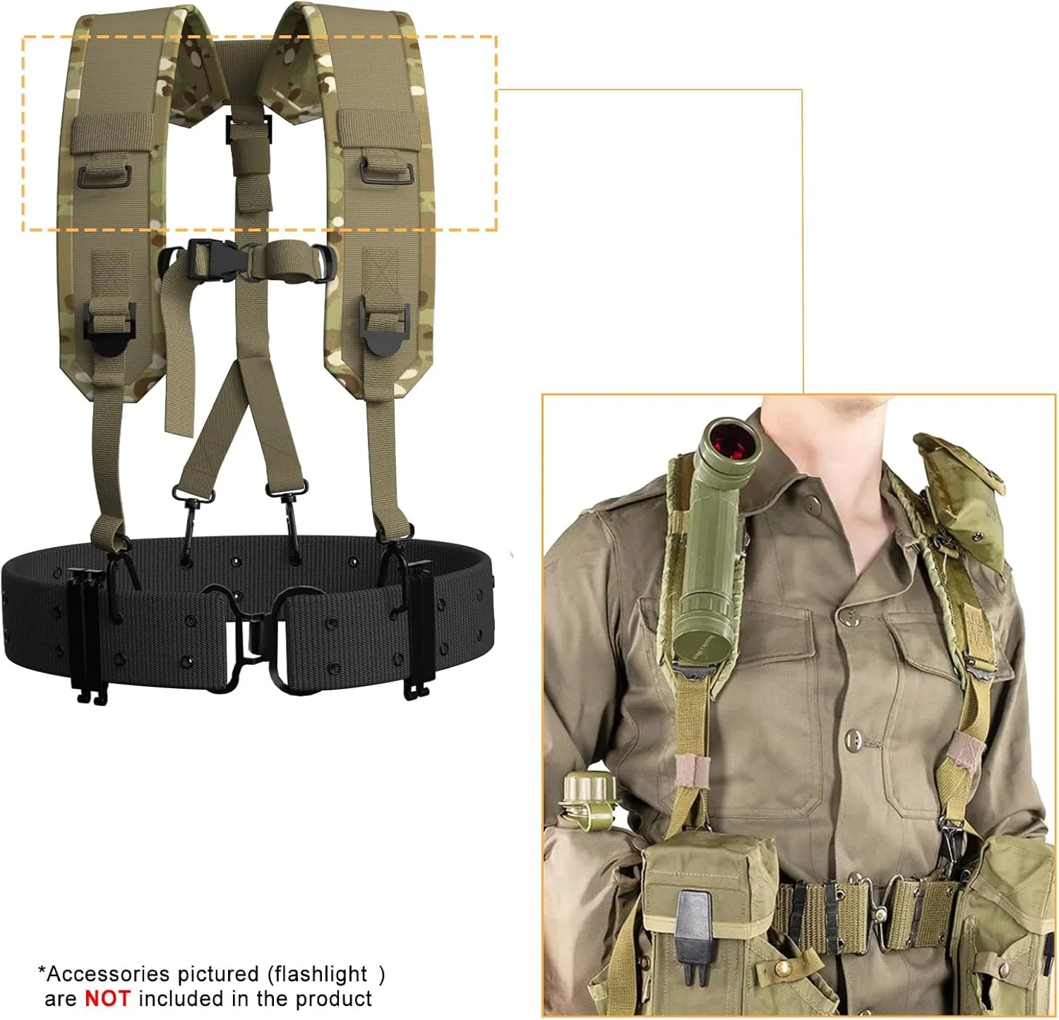 MT Military Alice Yoke Shoulder Strap with Belt, Utility Army Butt Pack and Canteen & Magazine Pouch Set for Outdoor Backpack Multicam