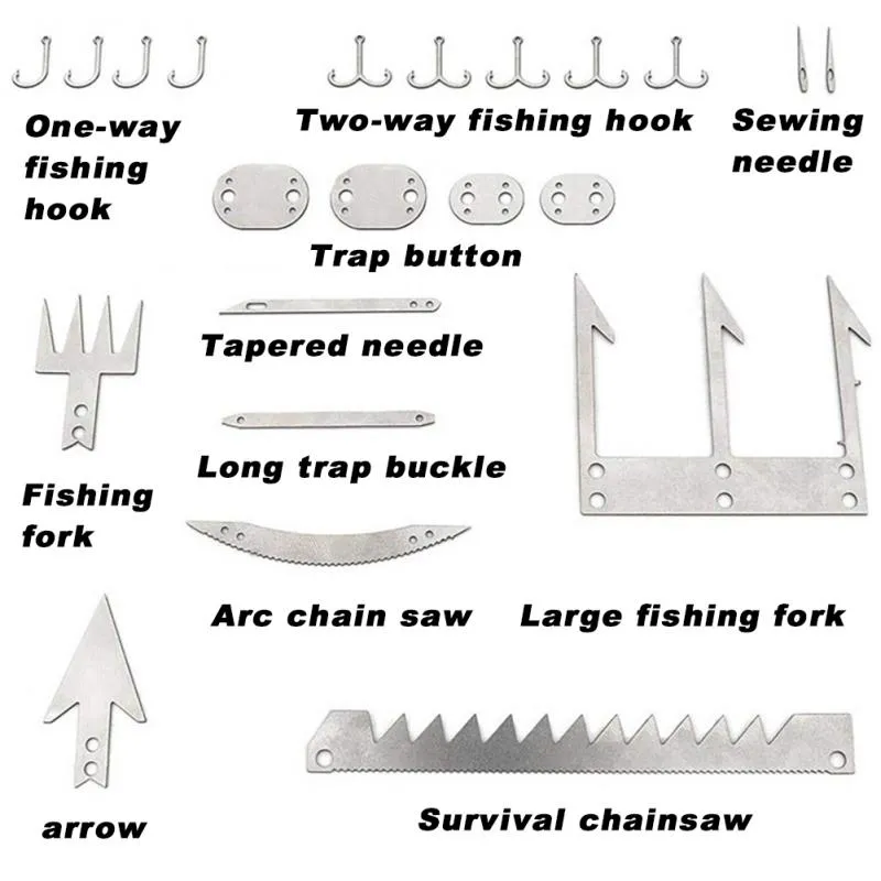 Multi-purpose Stainless Steel Tool Card Trap Button Saw Blade Fish Hook/Fork Knife Blade Outdoor Camping Emergency Tool