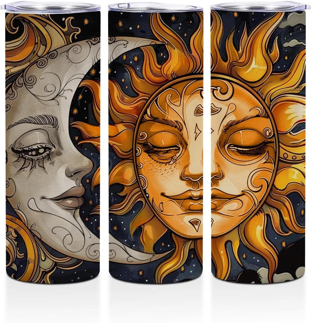 Mystical Boho Moon Sun Tumbler Skinny Stainless Steel Insulated Tumblers 20 oz Coffee Mug Thermal Travel Cup with Lid for Home Office Car, Witchy Tarot Gifts Boho Friendship Birthday Gifts