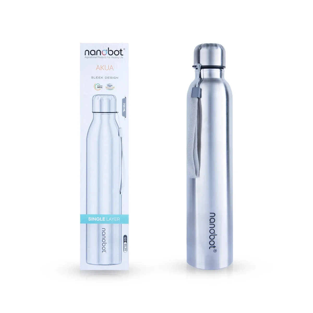 Nanobot Sleek Water Bottle - 700 ml | Akua Colour Bottle/ 12 x 2 Inches/ Stainless Steel Water Container for Home