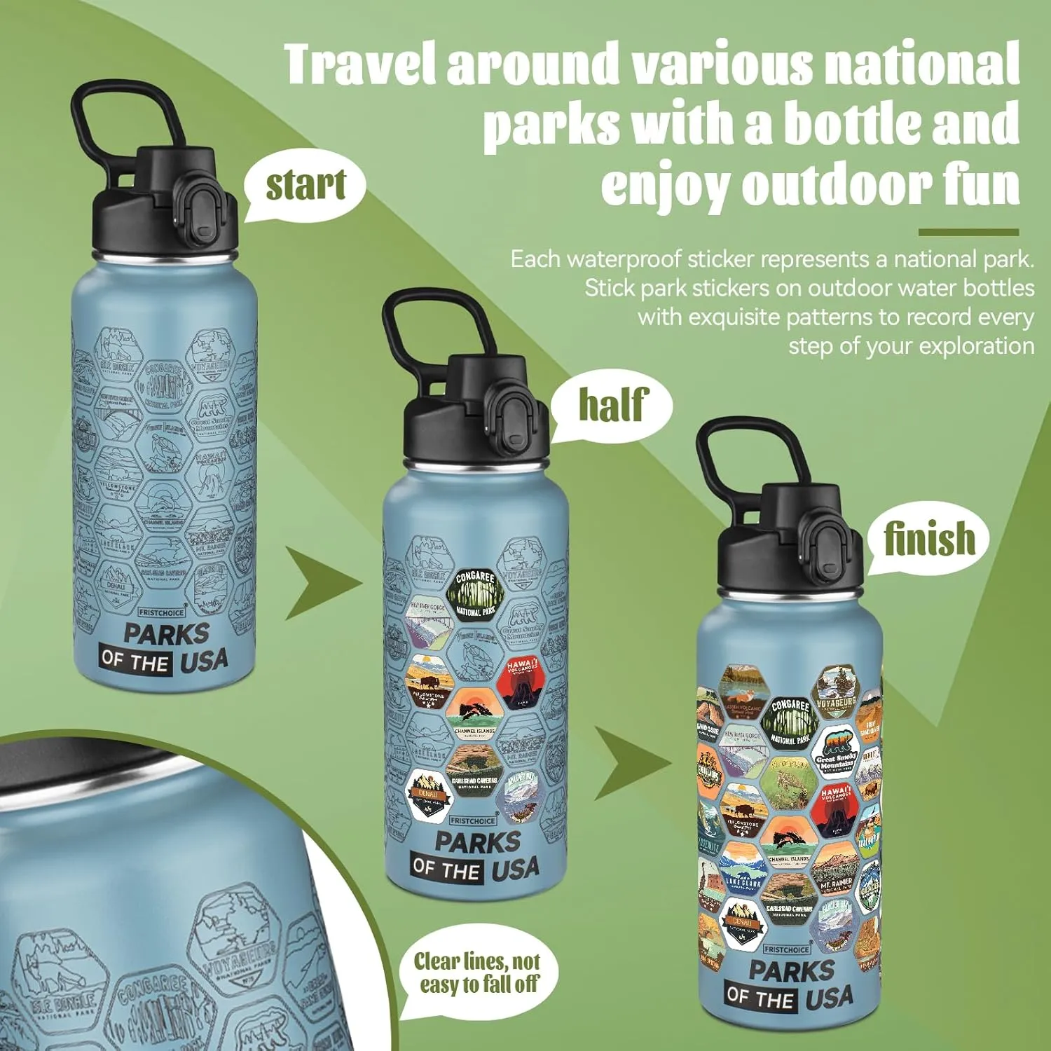 National Parks Water Bottle with 63 Waterproof Stickers,32oz Double Wall Vacuum Stainless Steel Wide Mouth Insulated Travel Water Bottle with Spout Lid,BPA-free and Leak-proof (32oz,Glacier blue)