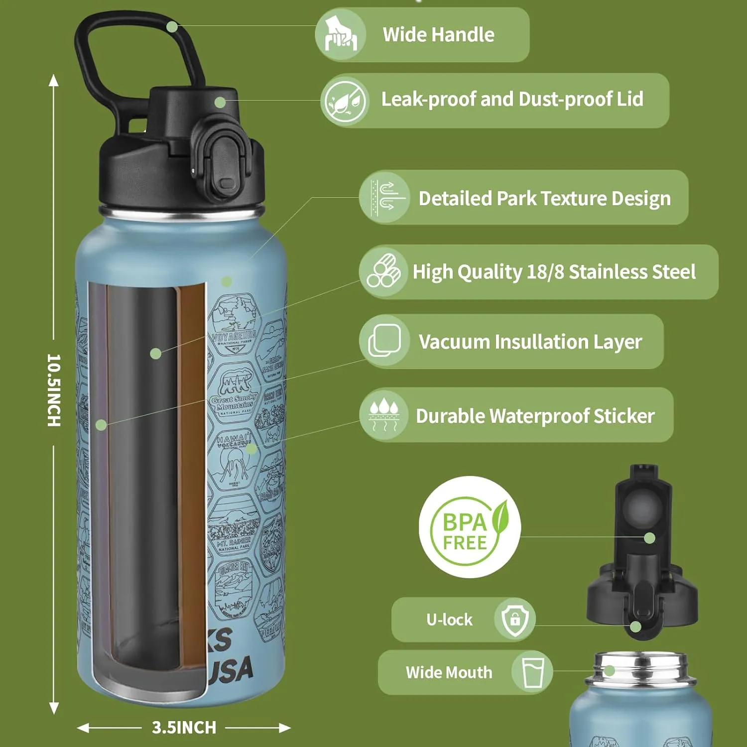National Parks Water Bottle with 63 Waterproof Stickers,32oz Double Wall Vacuum Stainless Steel Wide Mouth Insulated Travel Water Bottle with Spout Lid,BPA-free and Leak-proof (32oz,Glacier blue)