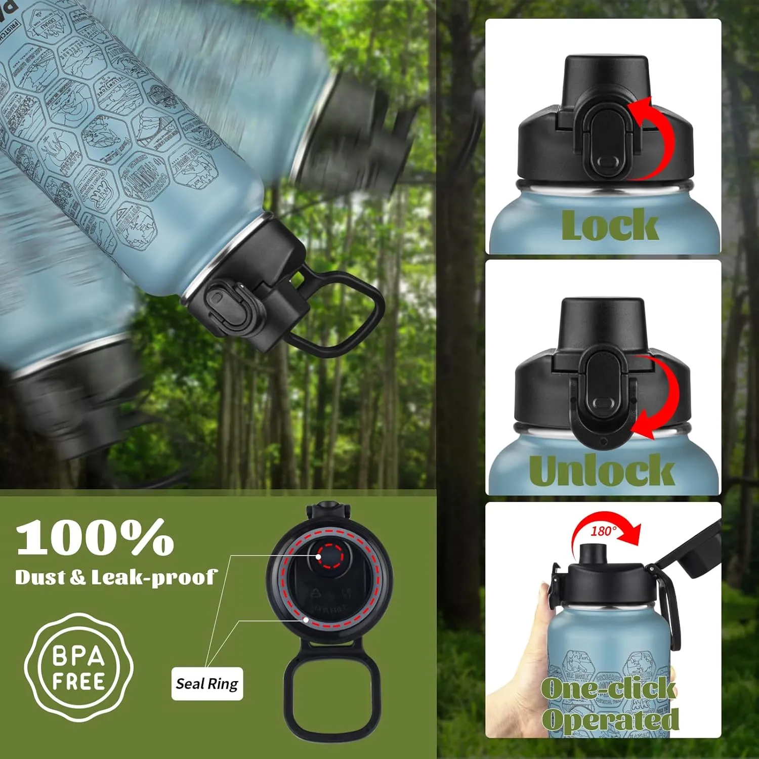 National Parks Water Bottle with 63 Waterproof Stickers,32oz Double Wall Vacuum Stainless Steel Wide Mouth Insulated Travel Water Bottle with Spout Lid,BPA-free and Leak-proof (32oz,Glacier blue)
