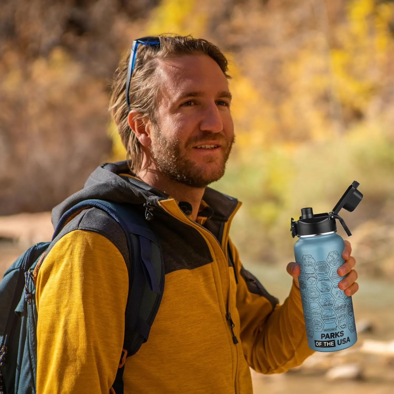 National Parks Water Bottle with 63 Waterproof Stickers,32oz Double Wall Vacuum Stainless Steel Wide Mouth Insulated Travel Water Bottle with Spout Lid,BPA-free and Leak-proof (32oz,Glacier blue)