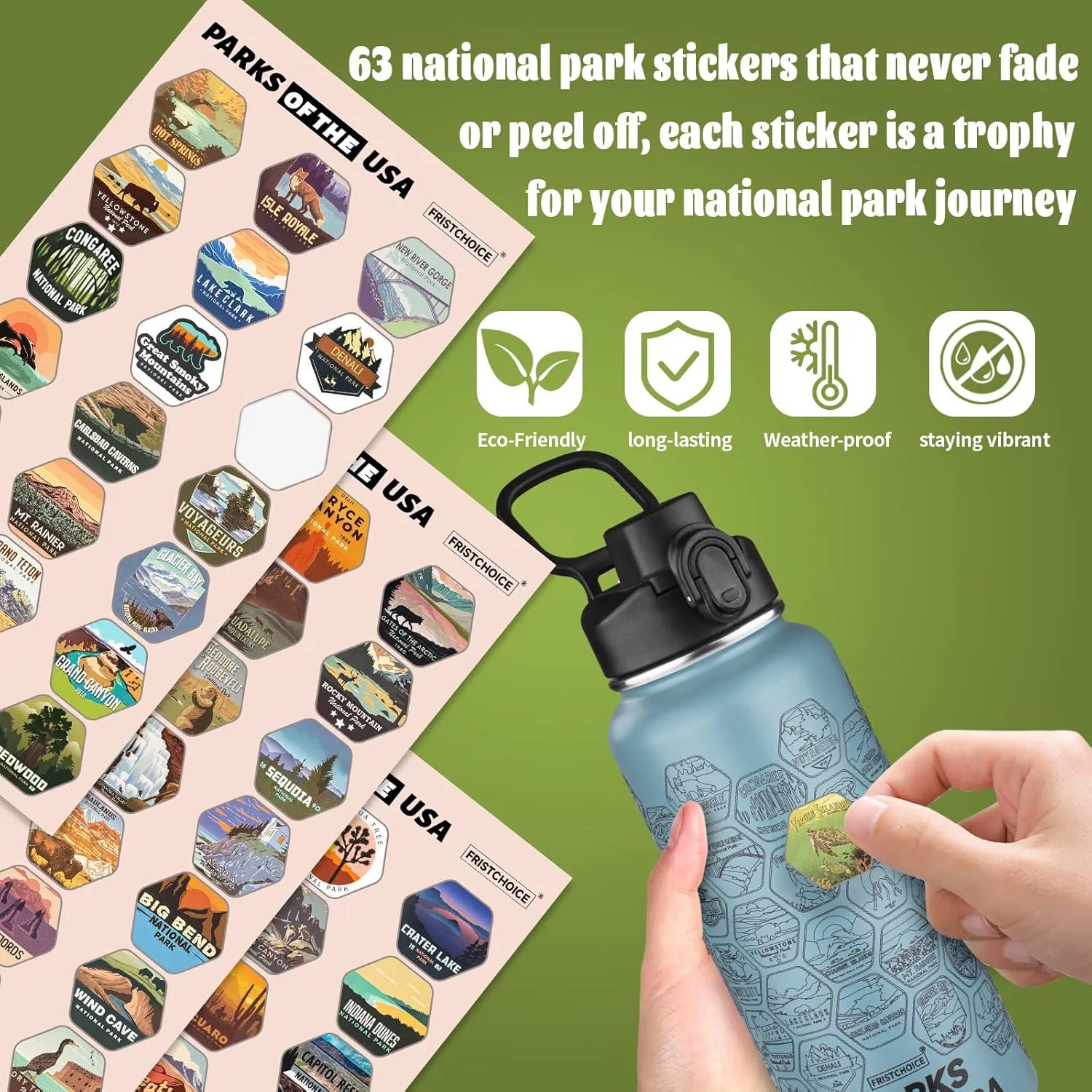 National Parks Water Bottle with 63 Waterproof Stickers,32oz Double Wall Vacuum Stainless Steel Wide Mouth Insulated Travel Water Bottle with Spout Lid,BPA-free and Leak-proof (32oz,Glacier blue)