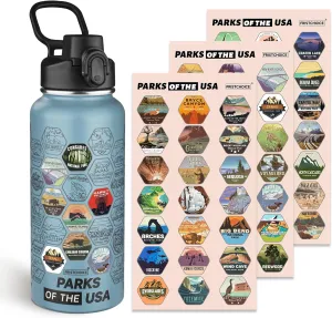National Parks Water Bottle with 63 Waterproof Stickers,32oz Double Wall Vacuum Stainless Steel Wide Mouth Insulated Travel Water Bottle with Spout Lid,BPA-free and Leak-proof (32oz,Glacier blue)
