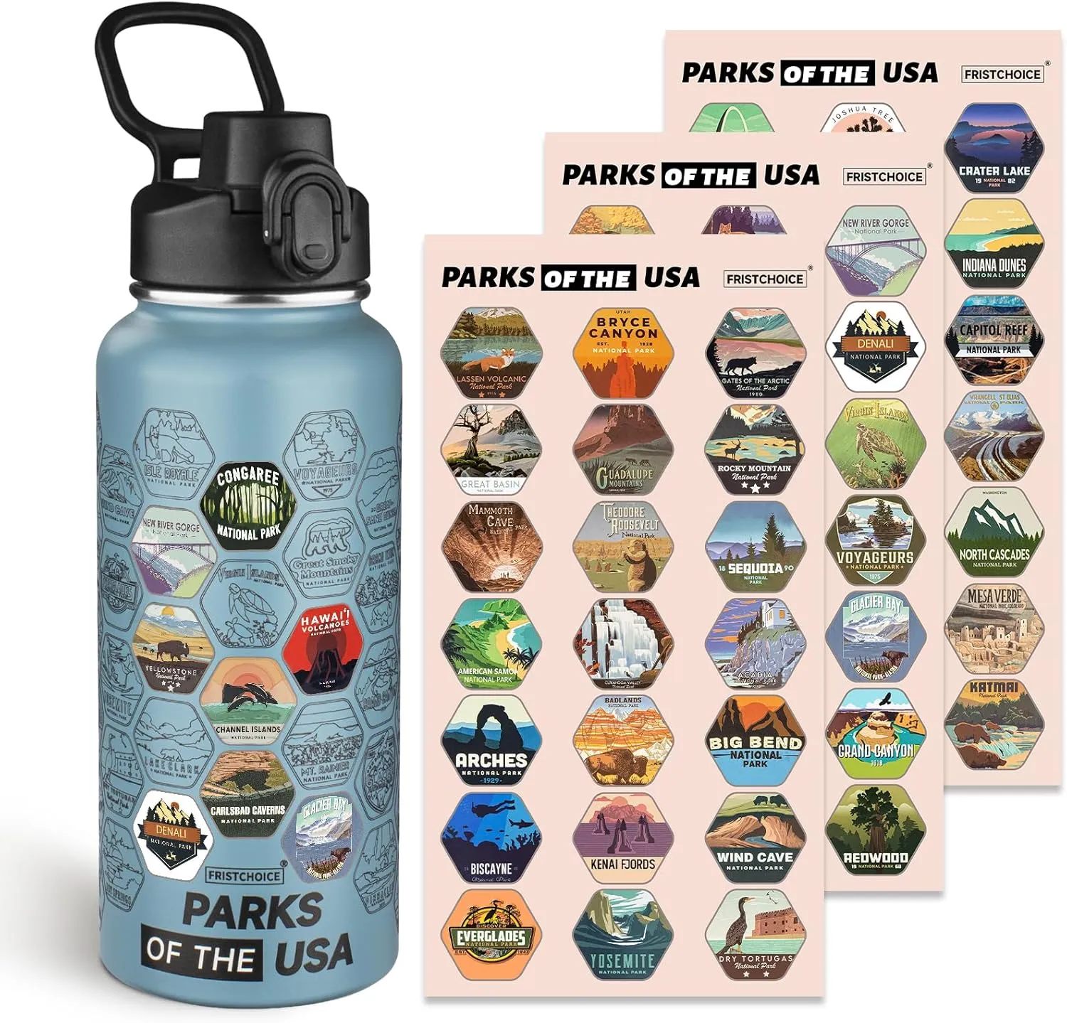 National Parks Water Bottle with 63 Waterproof Stickers,32oz Double Wall Vacuum Stainless Steel Wide Mouth Insulated Travel Water Bottle with Spout Lid,BPA-free and Leak-proof (32oz,Glacier blue)