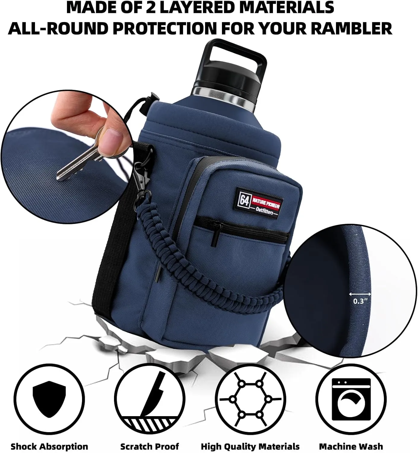 NATURE PIONEOR Insulated Water Bottle Holder with Shoulder Strap for Half/One Gallon 64oz/128OZ Sports Water Jugs Bottles, Carrier/Pouch Sleeve for Outdoor Camping, Hiking,Gym