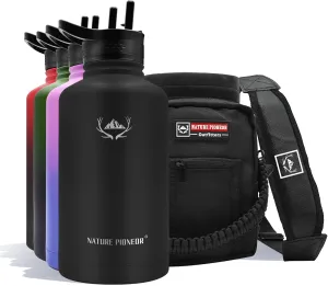 NATURE PIONEOR Insulated Water Bottles with Straw - 64oz Stainless Steel Vacuum Bottle with Holder/Carrier/Sleeve - Reusable 18/8 Food Grade Thermos Water Jug