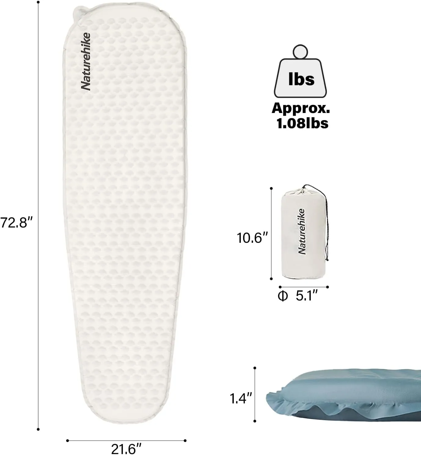 Naturehike Self-Inflating Sleeping Mat Lightweight Comfortable Asleep Pad 1.4" Sponge Filling Ergonomic for Hiking Picnicking Outdoor Activities & Family Camping Portable Foldable (White-Mummy)