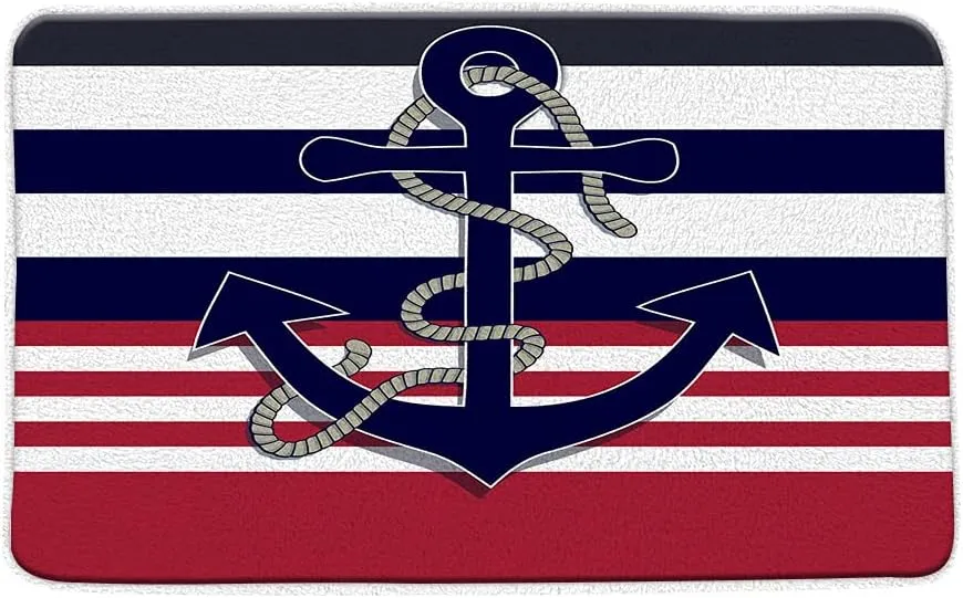 Nautical Anchor Bath Mat Navy Blue Red White Stripe Creative Ocean Theme Bathroom Bedroom Kitchen Toilet Rug Soft Memory Foam Backing,18x30 Inch