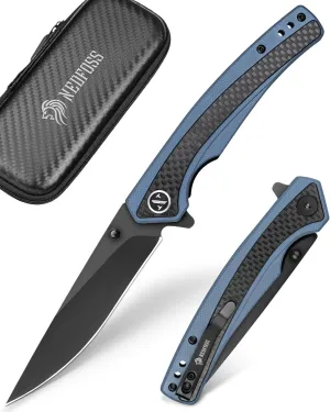 NedFoss DOLPHIN Pocket Knife, 3.5" D2 Steel EDC Knife Folding Knife with Black PVD Blade, Lightweight Carbon Fiber Insert G10 Handle, Deep Carry Pocketclip