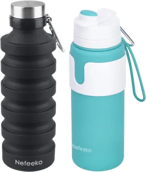 Nefeeko 26oz Collapsible Water Bottles Bundles, Silicone Foldable Water Bottles Leakproof BPA Free Travel Water Bottles with Carabiner (Black Green)