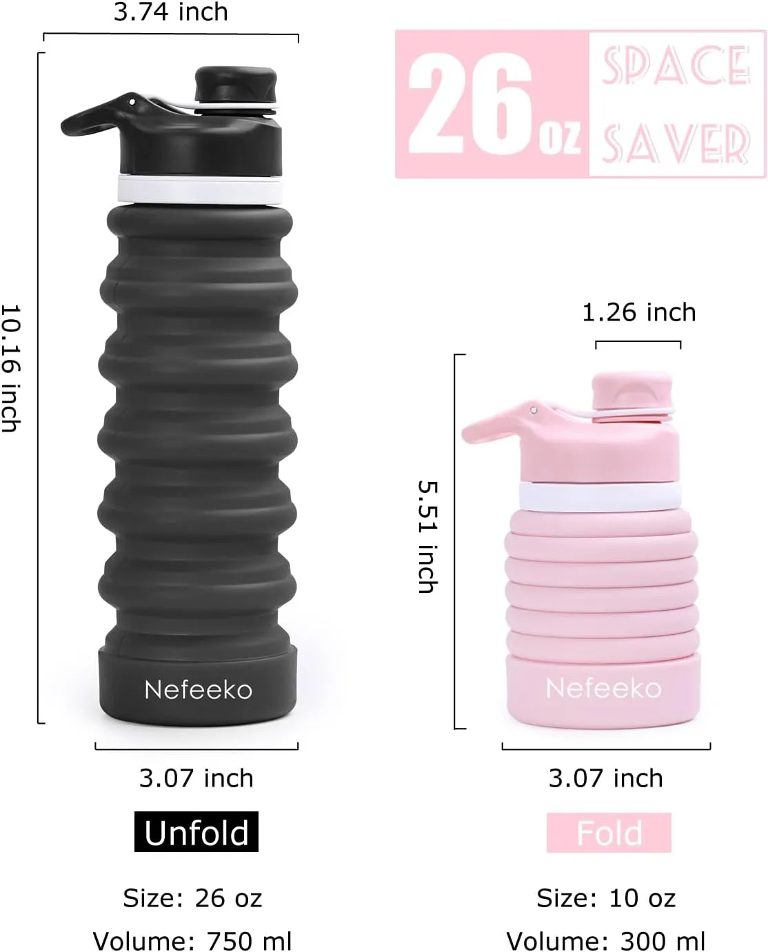 Nefeeko Collapsible Water Bottle, 26oz Silicone Foldable Water Bottles Leakproof BPA Free Travel Water Bottles with Carabiner, Portable Sport Water Bottles for Camping,Hiking Outdoor Indoor Sport
