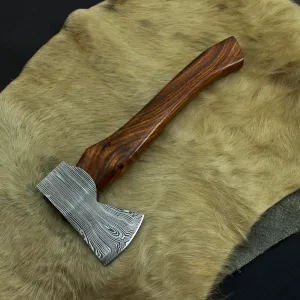 Nesmo - 011 Damascus Steel Viking Axe with Rose Wood Shaft, Mini Axe with Leather Sheath, Viking Bearded Camping Axe, Best Birthday for Him Mini Axe with Leather Sheath