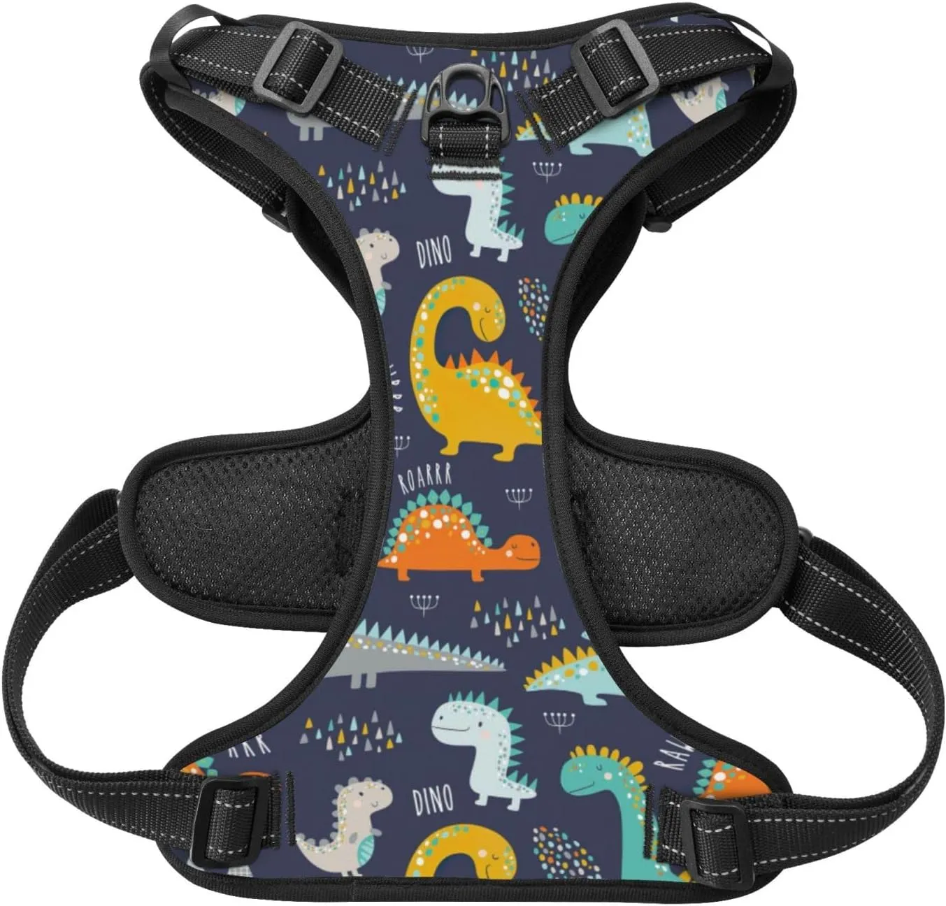 No Pull Dog Harness for Large Dogs Easy Walk Dog Vest Adjustable Collars Harnesses & Leashes Set Breathable Oxford Outdoor Walking Safety Reflective Strip Kids Cute Dinosaurs Prints