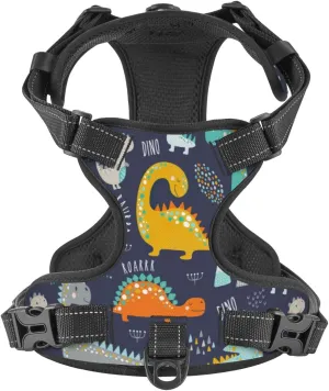No Pull Dog Harness for Large Dogs Easy Walk Dog Vest Adjustable Collars Harnesses & Leashes Set Breathable Oxford Outdoor Walking Safety Reflective Strip Kids Cute Dinosaurs Prints