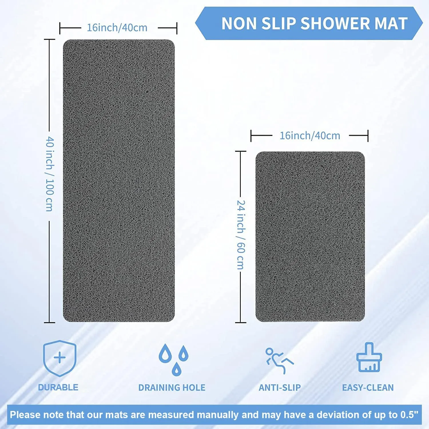 Non Slip Bathtub Mat,Anti Slip Shower Mat,Fast Drying Bath Tub Mats,Foot Scrubber Mat,Anti Slip Mat for Tub,Floor,Bathroom,Home,Kitchen,Hotel (Grey 24x16 Inch)