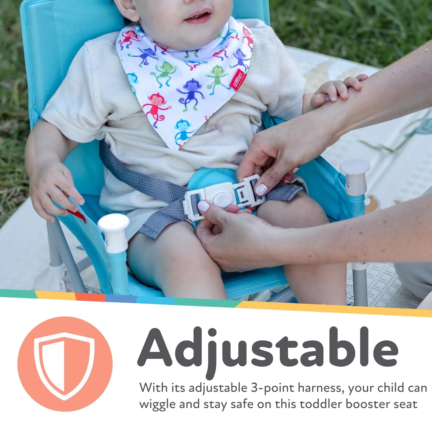 Nuby Easy Go Pop-Up Booster Seat with Removable Tray - 6  Months - Portable Booster Seat for Floor for Indoor/Outdoor Use - 3-Point Safety Adjustable Straps - Includes Travel Bag - Blue