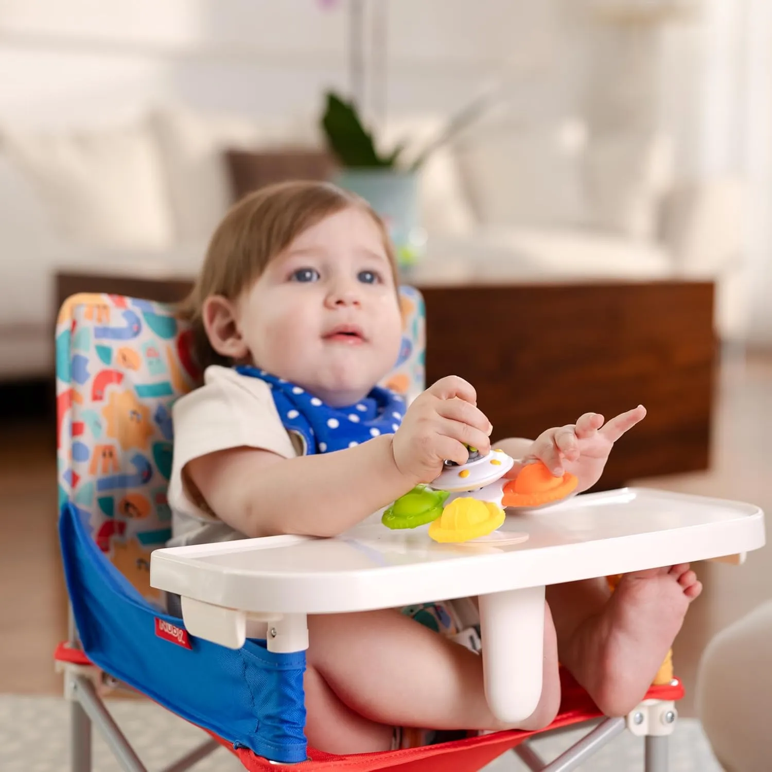 Nuby Easy Go Pop-Up Booster Seat with Removable Tray - 6  Months - Portable Booster Seat for Floor for Indoor/Outdoor Use - 3-Point Safety Adjustable Straps - Includes Travel Bag - Blue