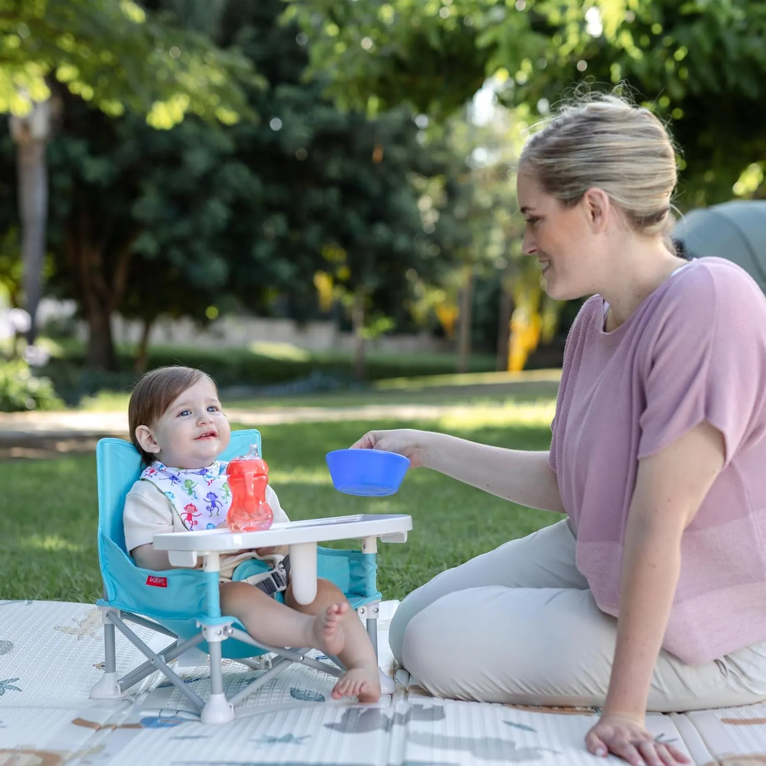 Nuby Easy Go Pop-Up Booster Seat with Removable Tray - 6  Months - Portable Booster Seat for Floor for Indoor/Outdoor Use - 3-Point Safety Adjustable Straps - Includes Travel Bag - Blue