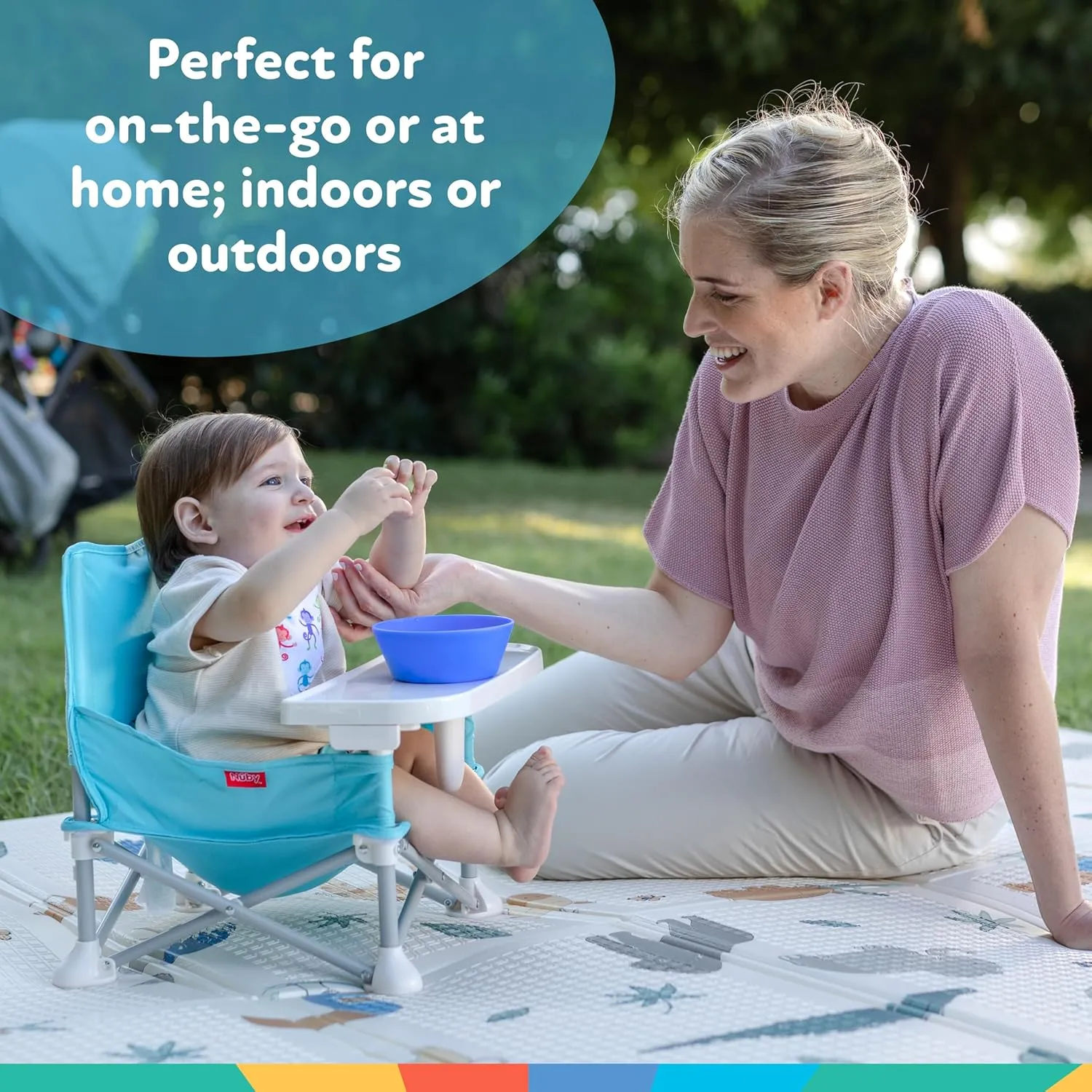 Nuby Easy Go Pop-Up Booster Seat with Removable Tray - 6  Months - Portable Booster Seat for Floor for Indoor/Outdoor Use - 3-Point Safety Adjustable Straps - Includes Travel Bag - Blue