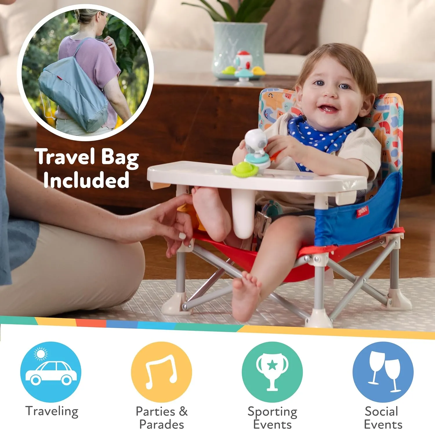 Nuby Easy Go Pop-Up Booster Seat with Removable Tray - 6  Months - Portable Booster Seat for Floor for Indoor/Outdoor Use - 3-Point Safety Adjustable Straps - Includes Travel Bag - Blue
