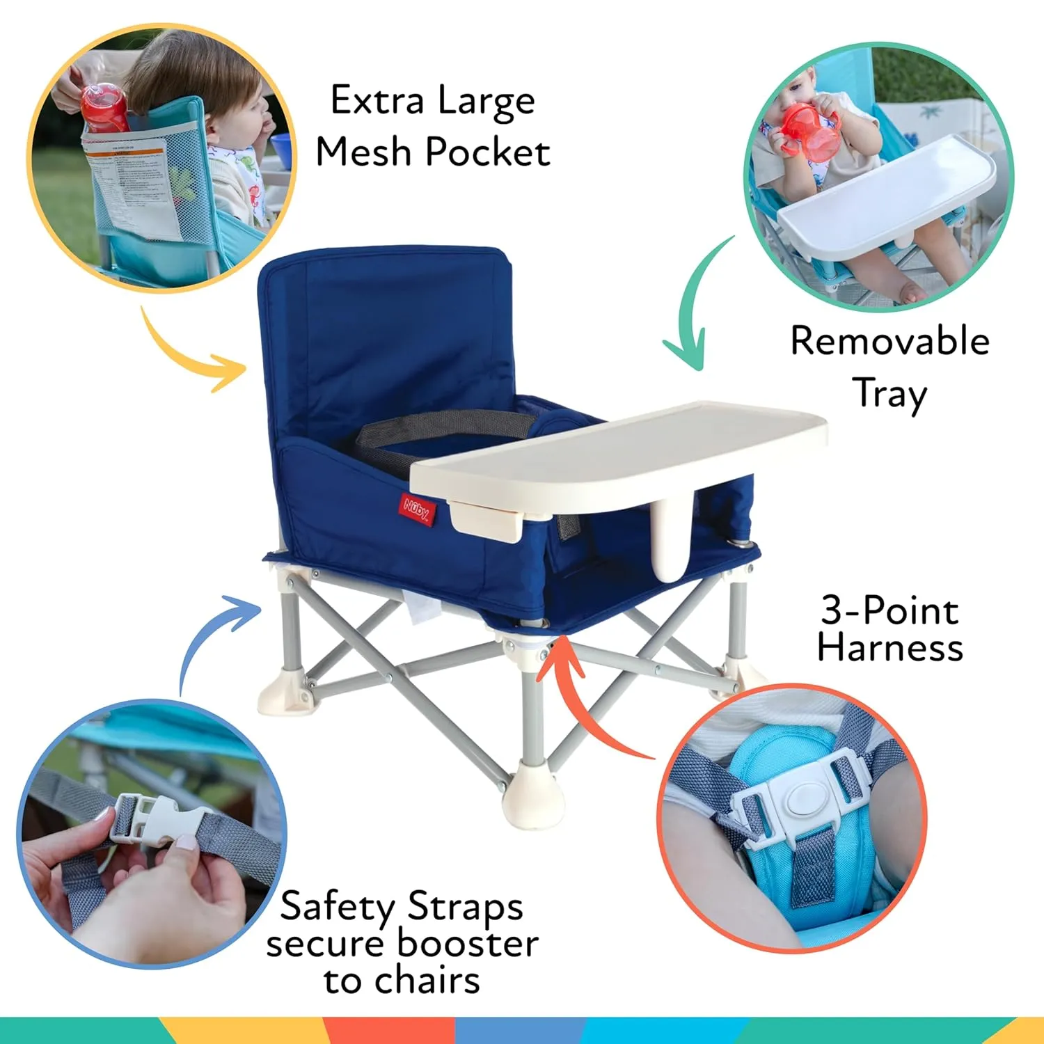 Nuby Easy Go Pop-Up Booster Seat with Removable Tray - 6  Months - Portable Booster Seat for Floor for Indoor/Outdoor Use - 3-Point Safety Adjustable Straps - Includes Travel Bag - Blue