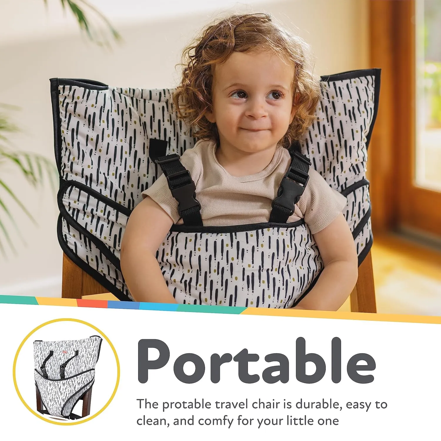 Nuby On The Go Toddler Portable Travel Chair for Babies and Toddlers - 5 Point Safety Adjustable Straps - 6  Months - Folds into a Storage Bag, Brush Strokes