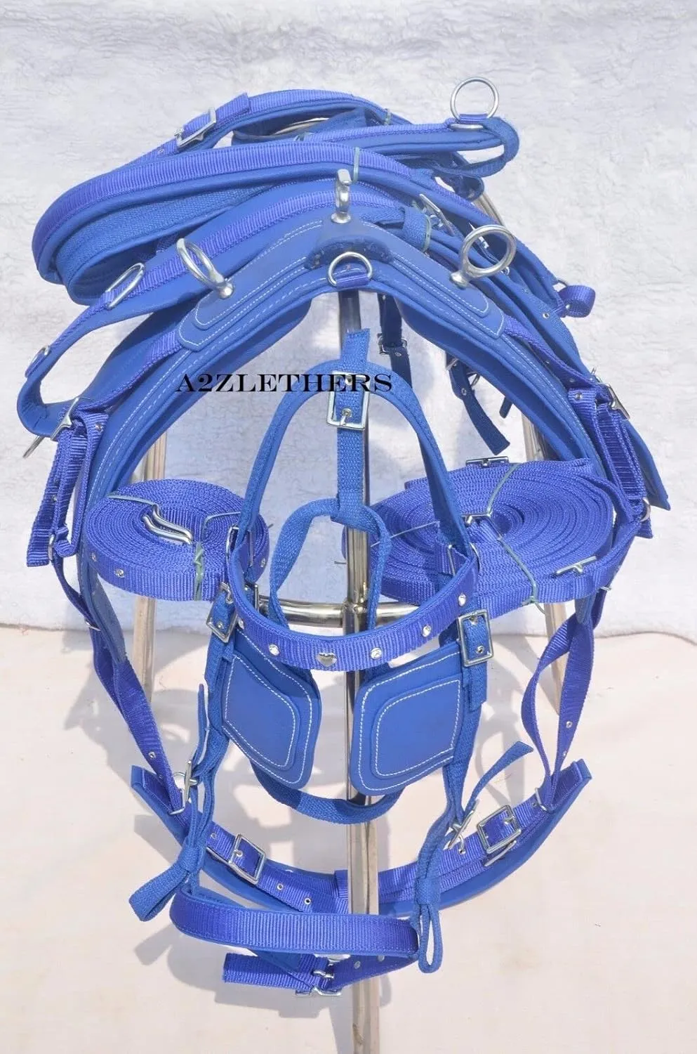 Nylon Driving Harness For Single Horse In Blue With Diamonte Browband Bridle Available In 4 size