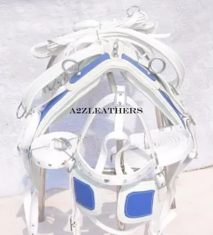 NYLON DRIVING HARNESS FOR SINGLE HORSE WHITE/BLUE COLOR With Diamonte Browband In 4 Size