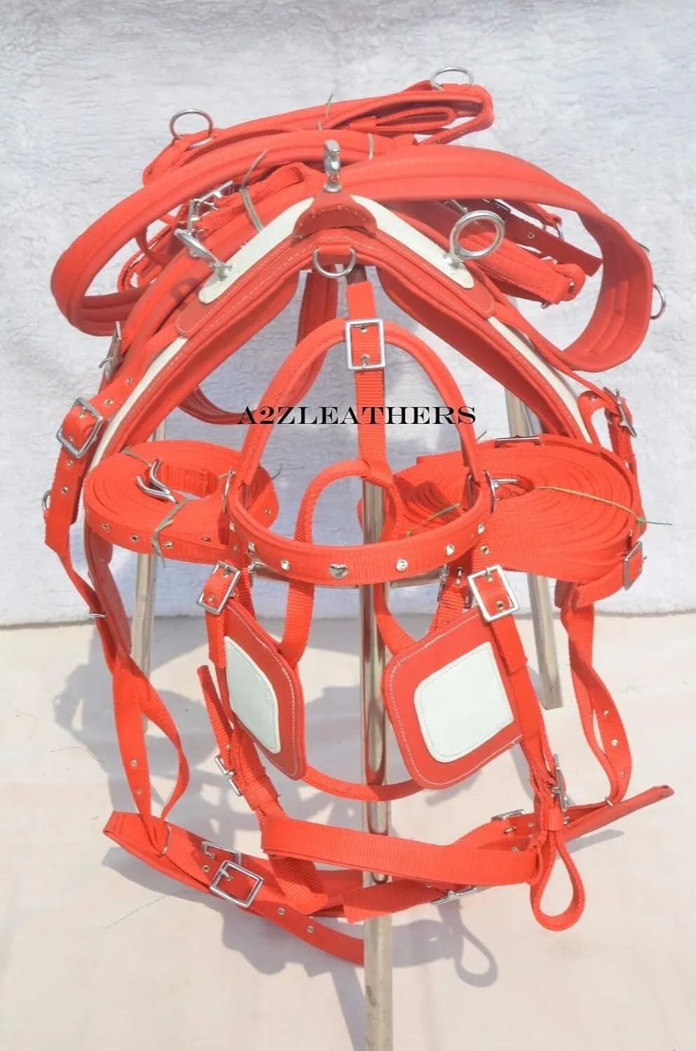 Nylon Horse Driving Harnesss For Single Horse In Red/White With Diamonte Browbnd Bridle