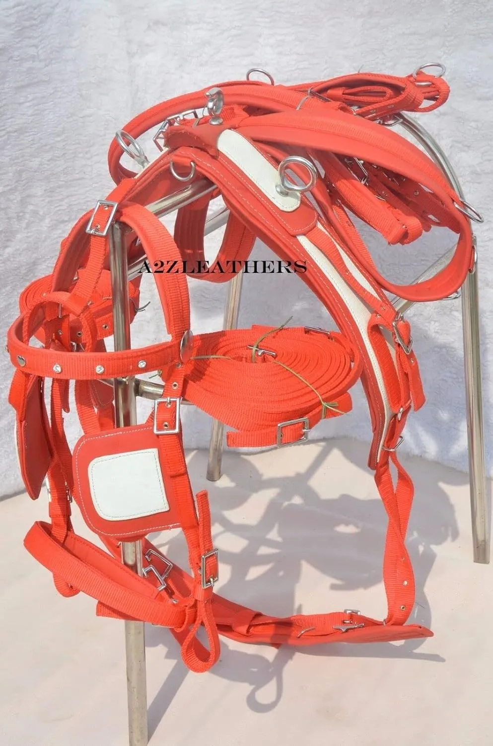 Nylon Horse Driving Harnesss For Single Horse In Red/White With Diamonte Browbnd Bridle
