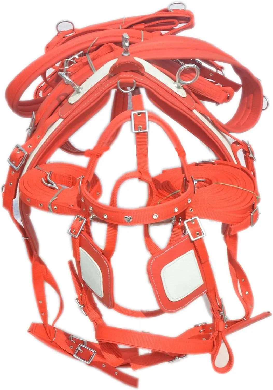 Nylon Horse Driving Harnesss For Single Horse In Red/White With Diamonte Browbnd Bridle