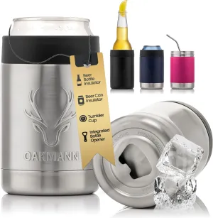 OAKMANN Beer Cozy with Bottle Opener, Insulated Can Cooler 12 oz Bottle Holder, 4 in 1 Stainless Steel Insulator, Universal Can Coozie for Cans Bottles, Ultimate Beer Gifts for Men - Steel